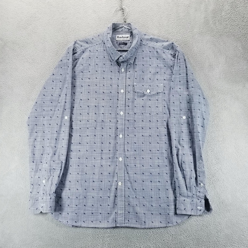 Barbour Shirt Mens L Blue Check Cotton Long Sleeve Button Down Tailored Fit